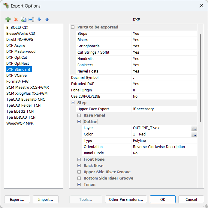 dxf post processor settings in stairdesigner