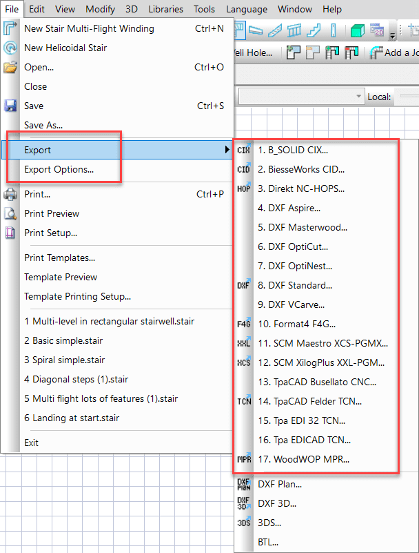 stairdesigner post processor output options in menu