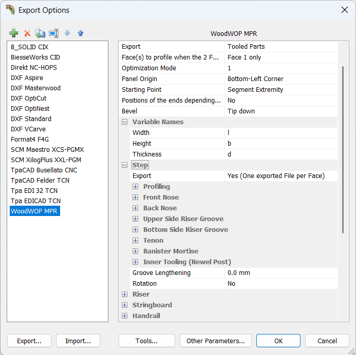 stairdesigner post processor options with the woodwop homag post highlighted