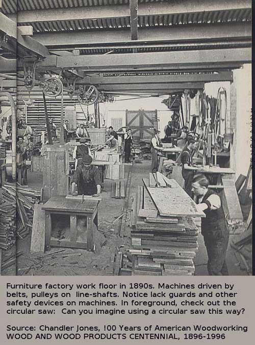1890s image of wood furniture factory showing machinery and workers