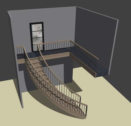 3d view of curved stair with l shaped landing in stairdesigner
