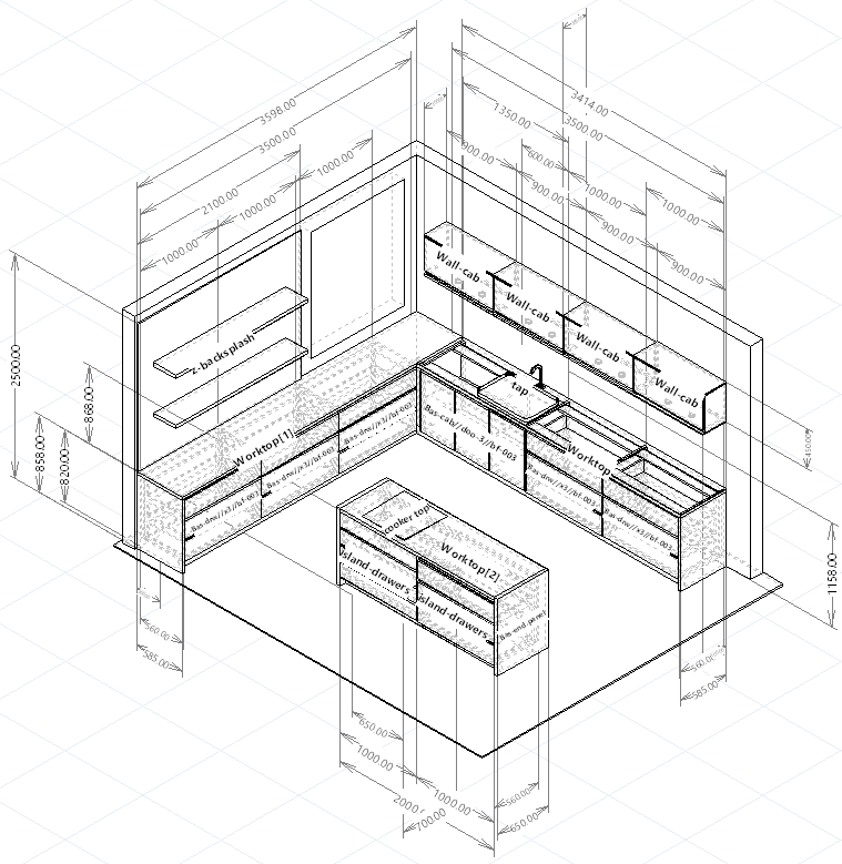 3d dimensioned kitchen layout in polyboard