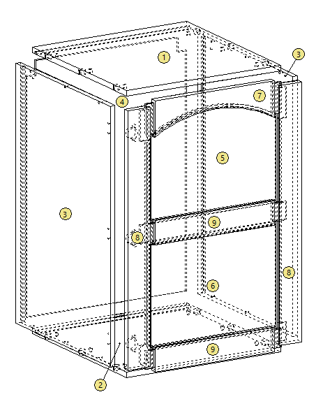 polyboard cabinet in exploded view showing part numbers
