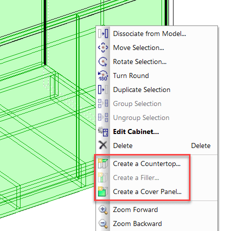 project mode options to add a worktop, filler and cover panel