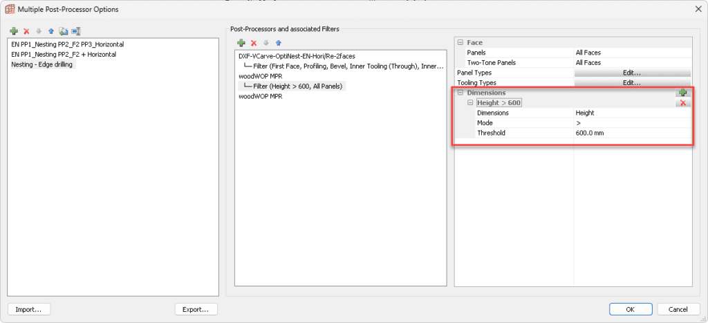 multiple post processor filtered by part size