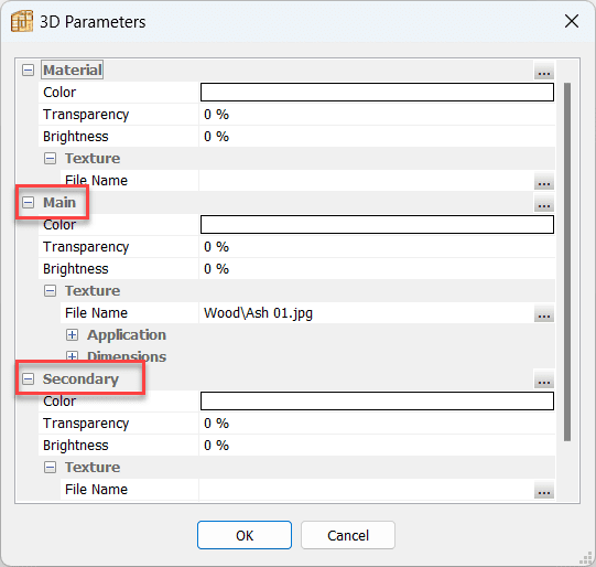 advanced 3d panel parameters window