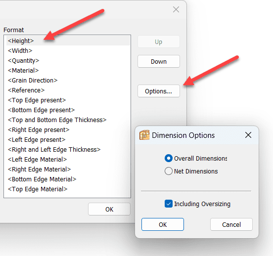 ERP export options include net and overall dimensions for height and width
