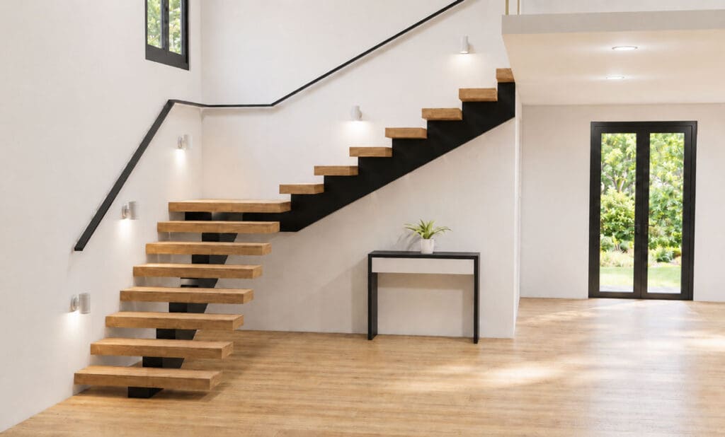 An open quarter-turn staircase in a room